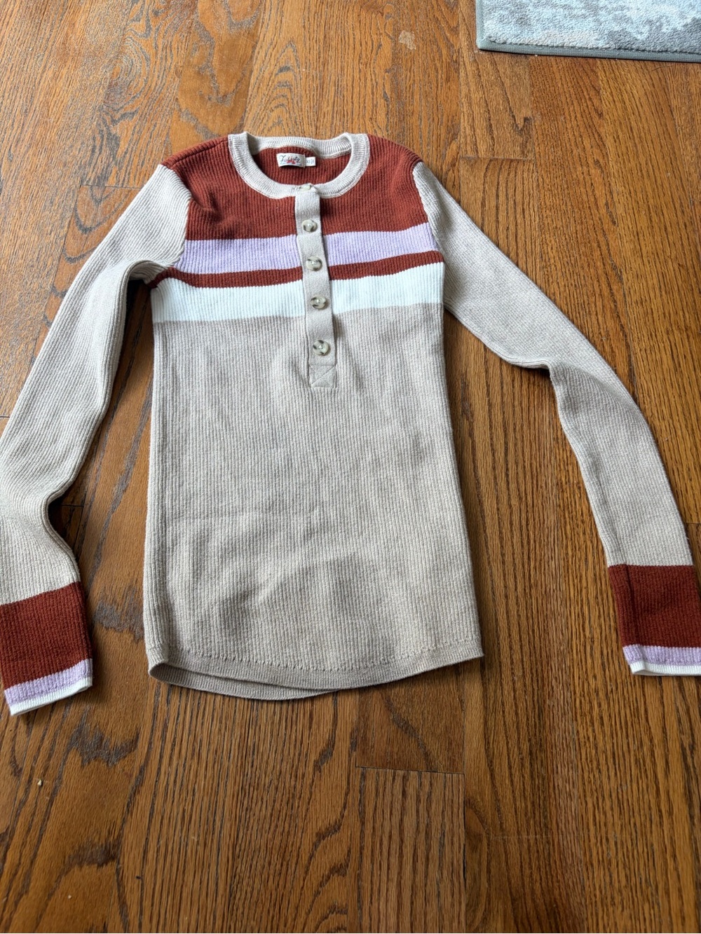 Faherty womans Beige Ribbed sweater with Rust and Lavender Stripes